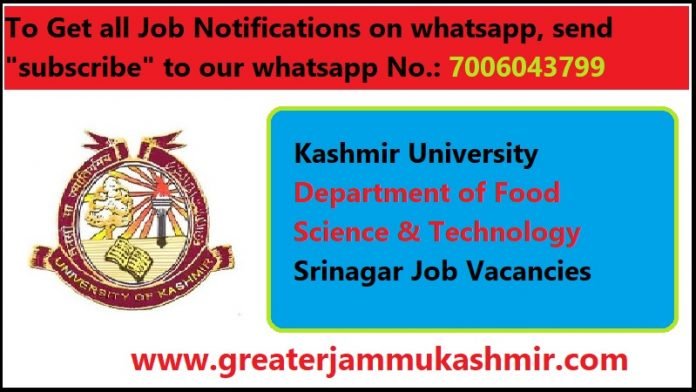 Kashmir University Department of Food Science & Technology Srinagar Job Vacancies