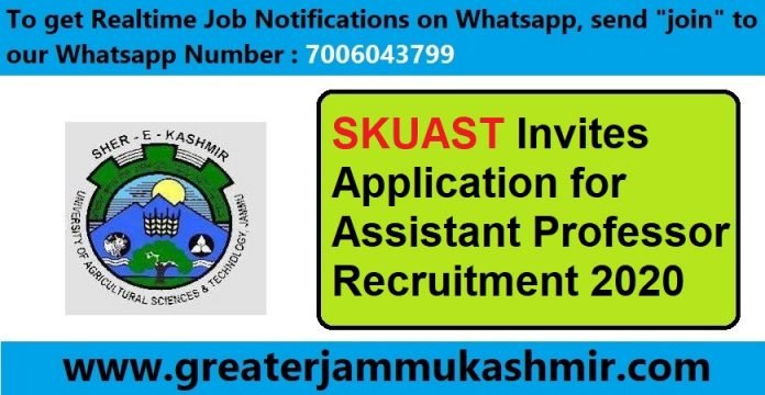 SKUAST Invites Application for Assistant Professor Recruitment 2020